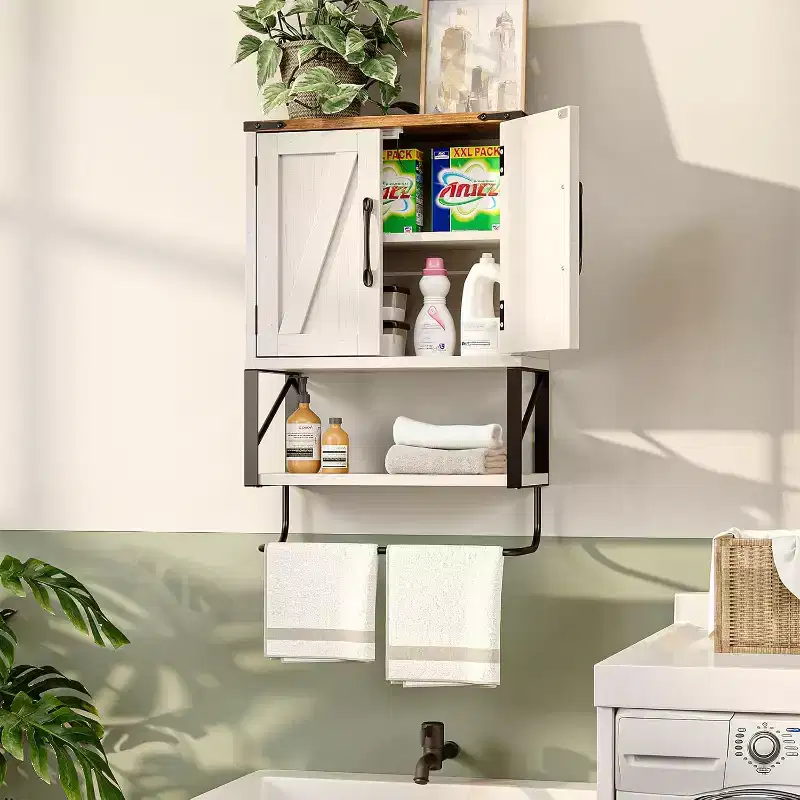 Bathroom Wall Cabinet with Tower Bar Farmhouse Small Cute Medicine Cabinet Over Toilet Storage Organizer with Tower Bar Rustic White & Brown