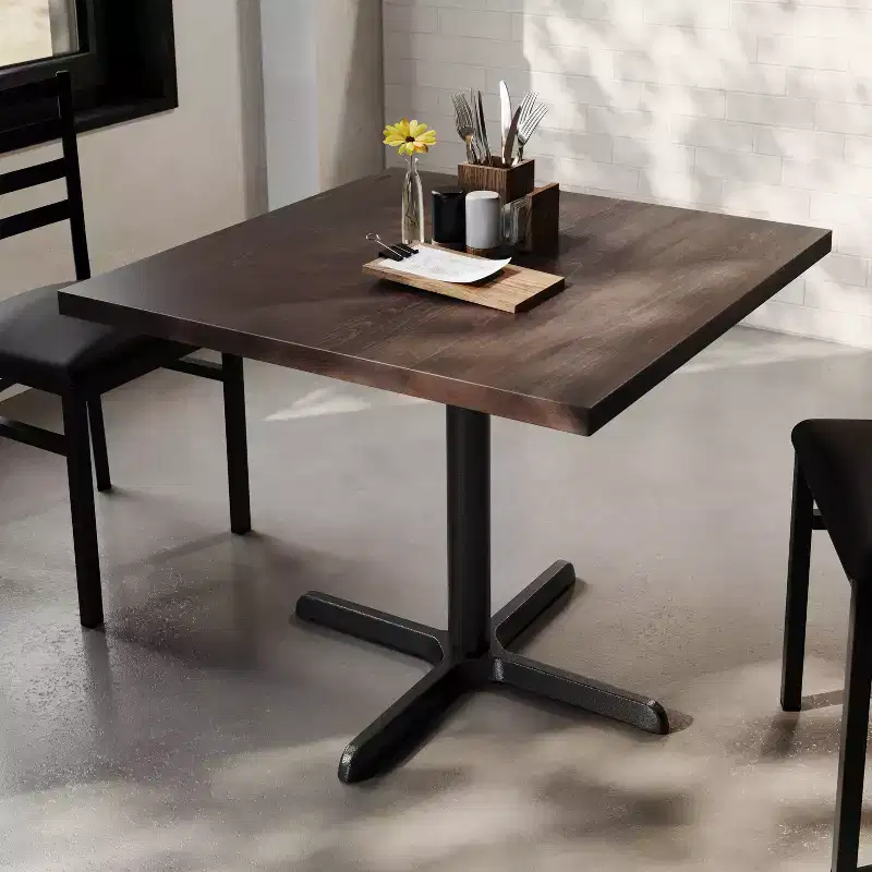 Square Solid Wood Commercial Indoor Tabletop with 30 x 30 Dining Height Rust-Resistant Cast Iron X-Base