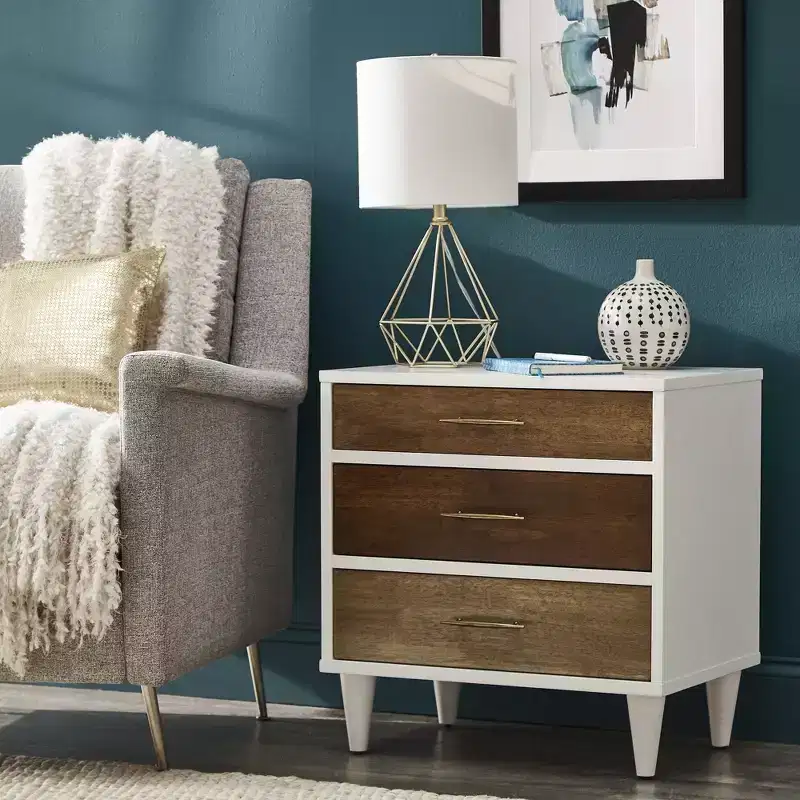 Agatha White and Natural Finish 3-Drawer Nightstand - White