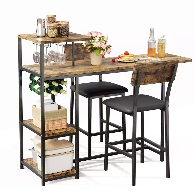 3PCS Bar Table Set for 2, Expandable Kitchen Dining Table with 2 Stools, Counter Height Bar Table and Chair Set with Storage Shelf & Wine Rack
