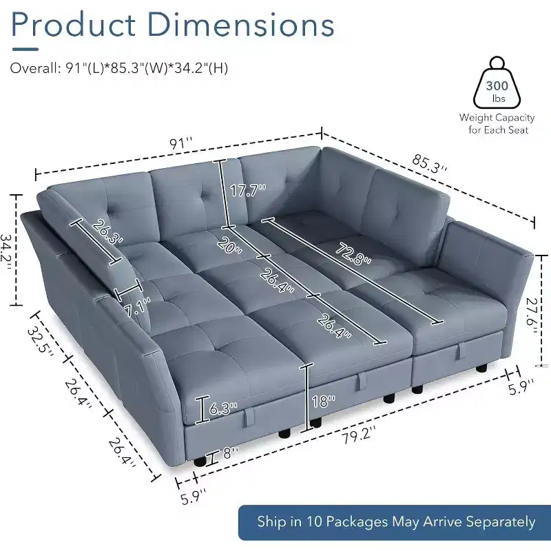 Acekool 143 Inch Modular U-Shaped Sectional Sofa, 9-Seat Blue Velvet Couch with Storage Ottoman, Upholstered Living Room Sofa, Apartment Furniture