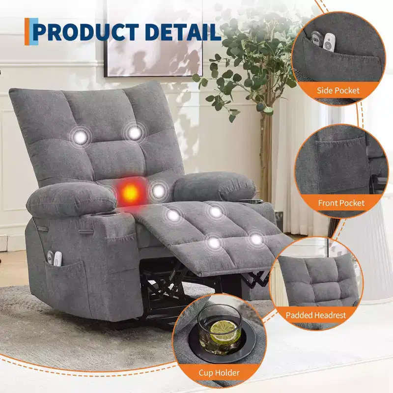 Power Lift Recliner Chair, Electric Massage & Heat Recliner with 45 Assist Stand, with Soft Padded Upholstery, Side Pocket & Cup Holders