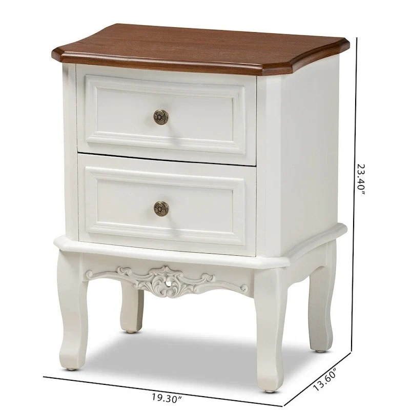 French Traditional 2-Drawer End Table, White & Cherry Brown Finished Wood, Bedroom Nightstand