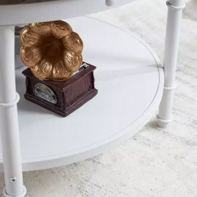 25.2in Double-layer Round Dark Walnut-colored Black-veined MDF Panel, White Wrinkled Baked Iron Frame, Industrial Style Coffee Table