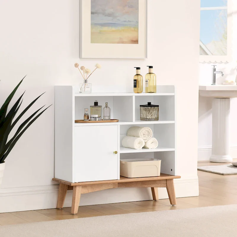 Oak Natural Wood + Off White Color-Block Storage Cabinet, Open Shelf Floor Cabinet