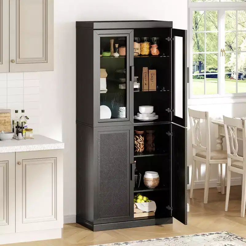 Solid Wood Pantry Cabinet with Adjustable Shelves and Glass Door