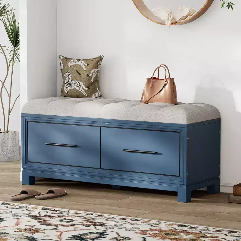 Shoe Bench with Removable Cushion & Hidden Storage – Navy