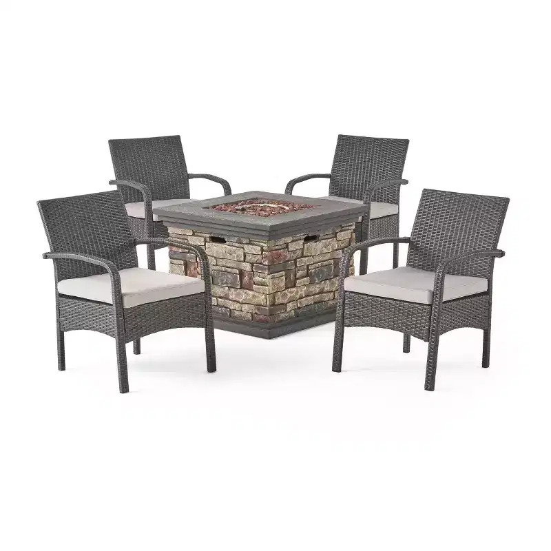 GDFStudio Kilburn Outdoor Wicker 5 Piece Club Chair and Fire Pit Set with Cushion