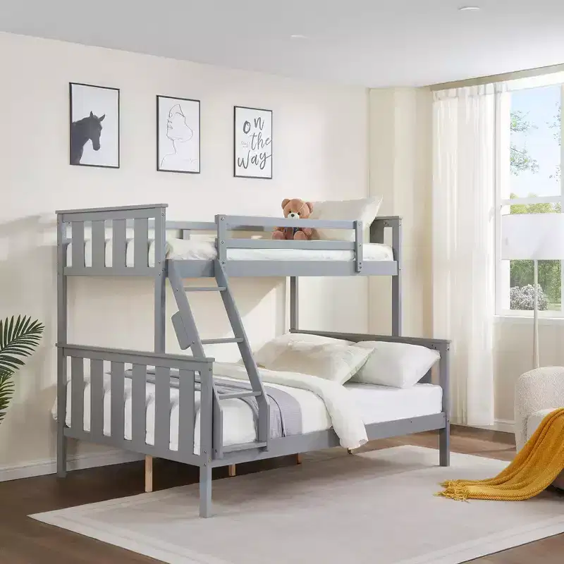 Twin over Full Bunk Bed with Ladder  Wooden Frame with High Guardrails for Kids  No Box Spring Needed  Sturdy and Space-Saving  Gray