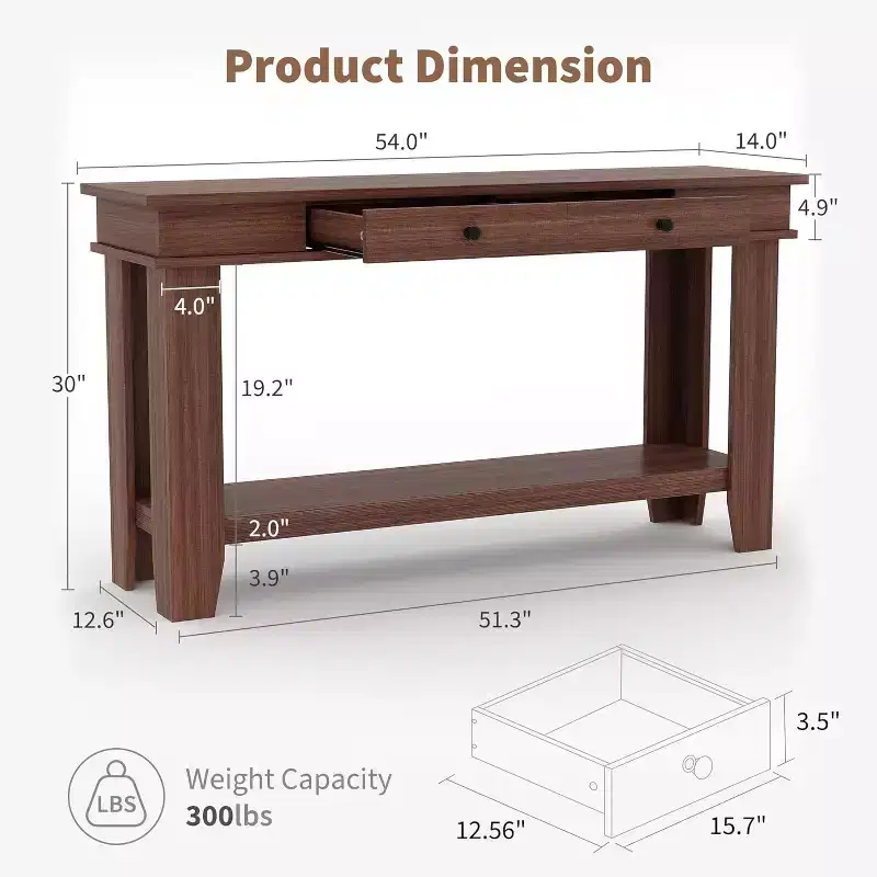 54In Long Console Table, Wooden Entryway Table with 2 Drawers & Open Storage Shelf, Entry Foyer Table for Entryway, Hallway, Living Room
