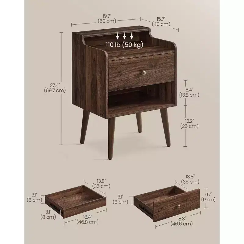 Nightstands, Set of 2, Bedside Tables with Hidden Drawers, Mid-Century End Tables with Solid Wood Legs