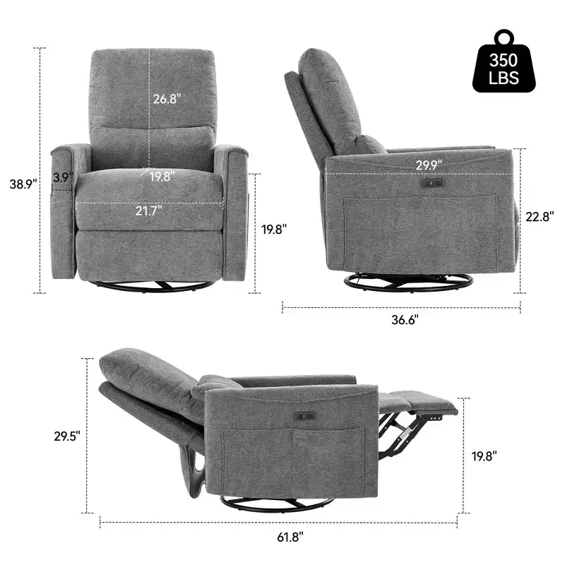 Dyonery Power Swivel Rocker Recliner Chair  Fabric Glider with Lumbar Support, USB/Type-C Ports, Small Reclining Sofa for Nursery & Living Room