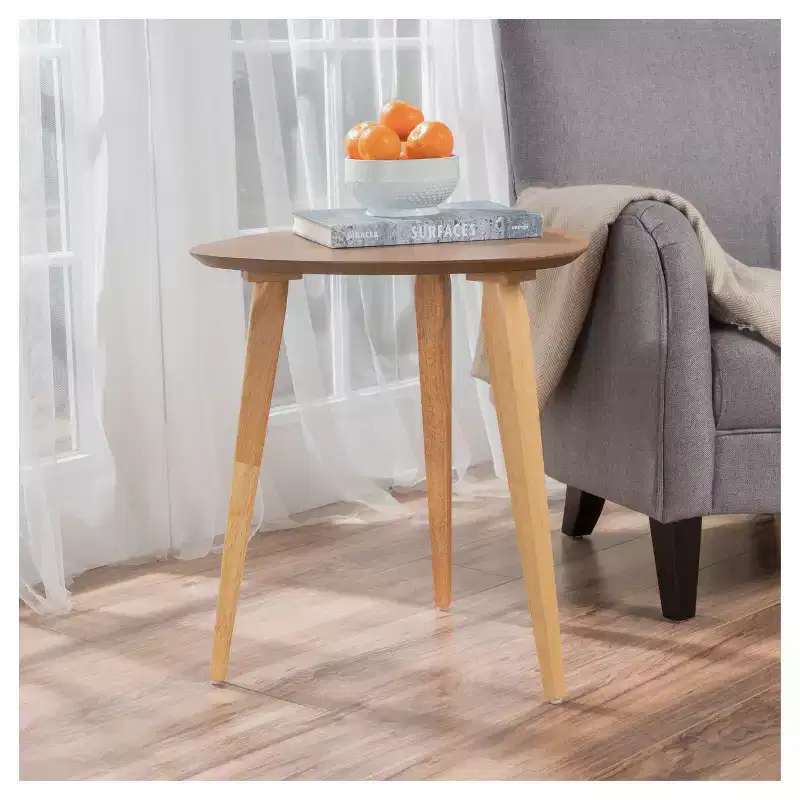 Mid Century Modern Round End Table, Solid Rubberwood with Tapered Legs
