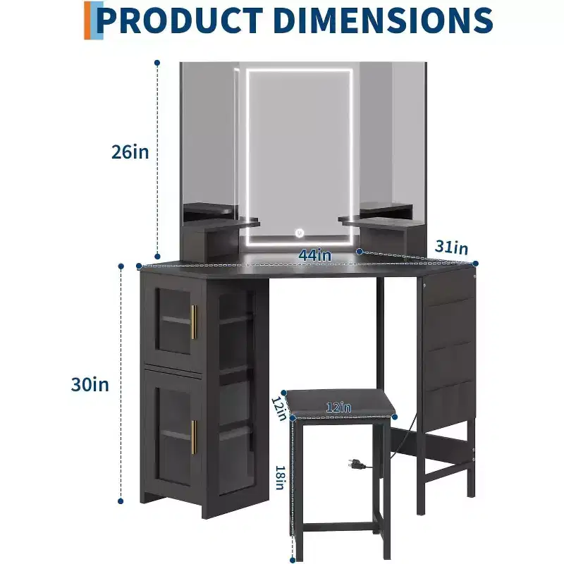 Corner Makeup Vanity Desk with 3-Fold Mirror, Charging Station, Door Cabinet, Storage Bag & Stool, Space-Saving Corner Vanity Table for Bedroom