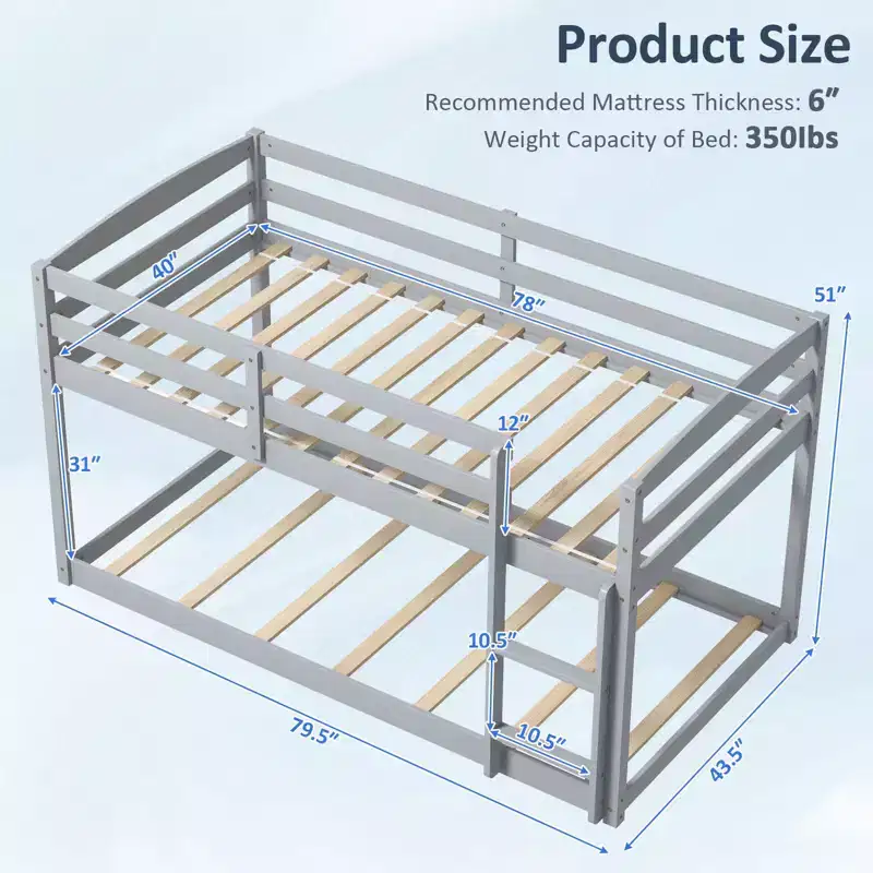 Costway Twin over Twin Low Bunk Bed with Guardrails Integrated Ladder Kids Wooden Grey/White/Beige/Pink