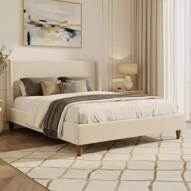 Merax Modern Upholstered Platform Bed with Wingback Headboard and Walnut Wooden Legs