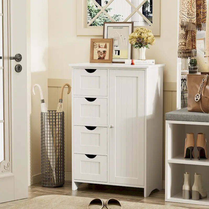 Wooden Bathroom Cabinet, Freestanding Storage Cabinet with 4 Drawers and 1 Cupboard