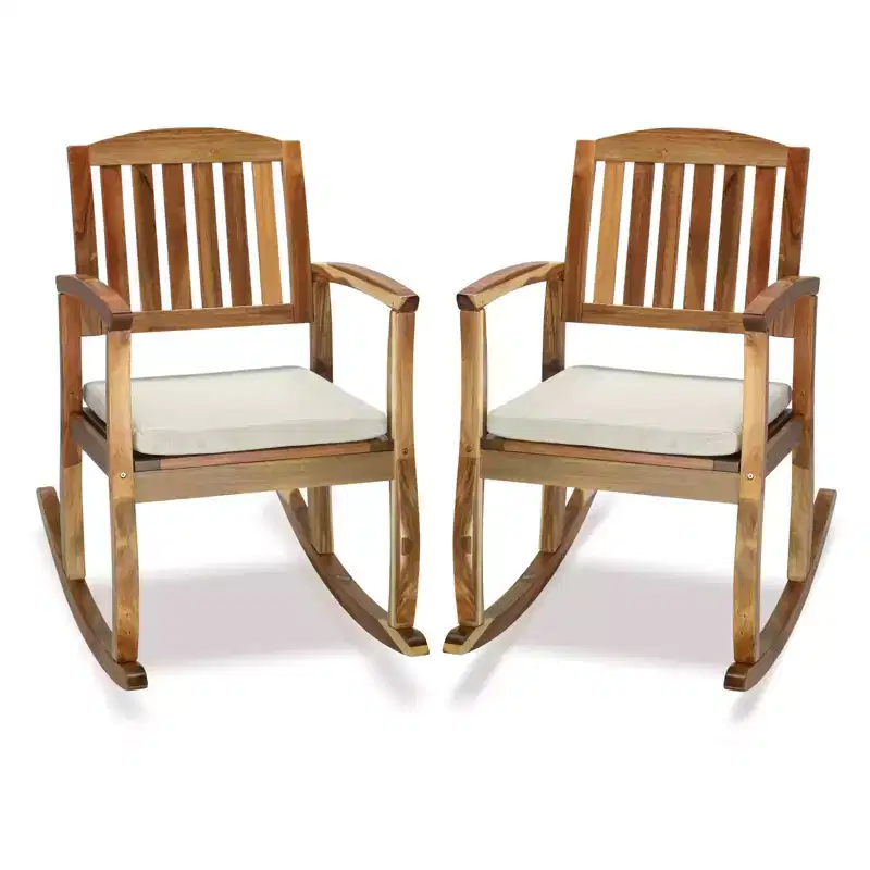 36 in. Acacia Wood Outdoor Rocking Chair with Cushion