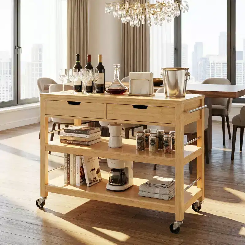 Christopher Knight Home Ottilia Bamboo Rolling Kitchen Cart with 2 Drawers and Open Shelves