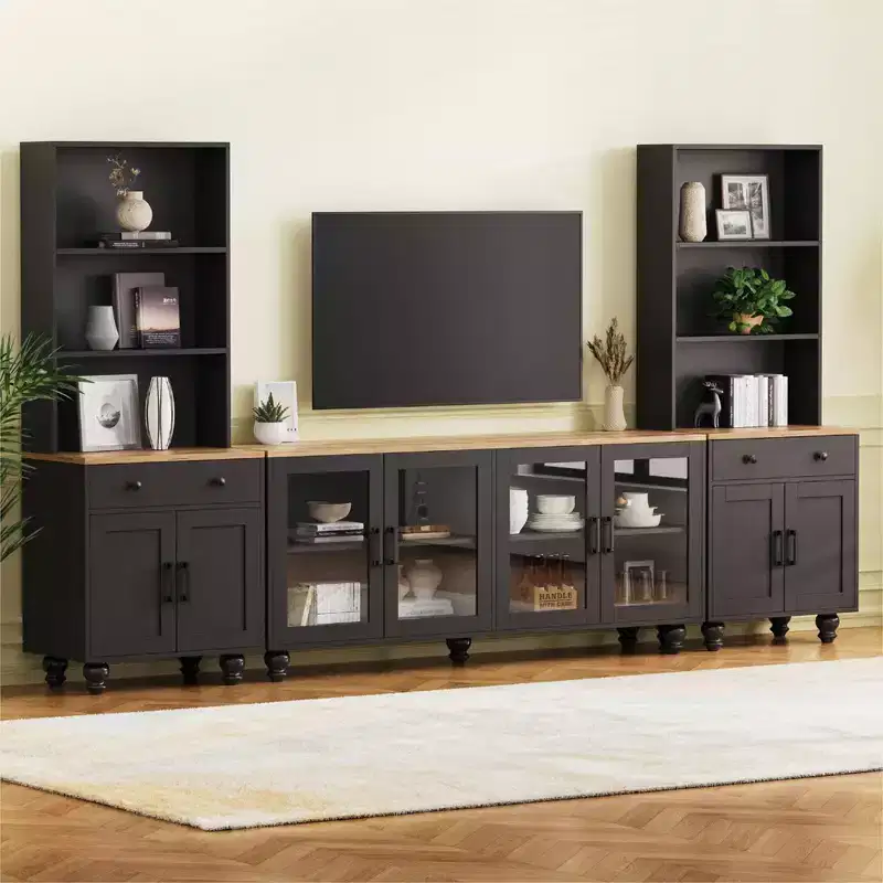Farmhouse TV Stand for TVs Up to 70, Entertainment Center with Bookshelves & Tempered Glass Doors