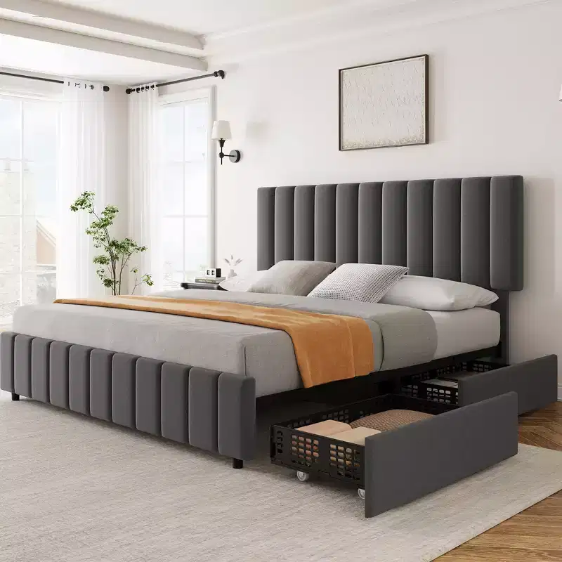 Bed Frame, Platform Bed - Full Size with 4 Storage Drawers, Adjustable Height Headboard, Linen Upholstered, No Box Spring Needed (Grey)