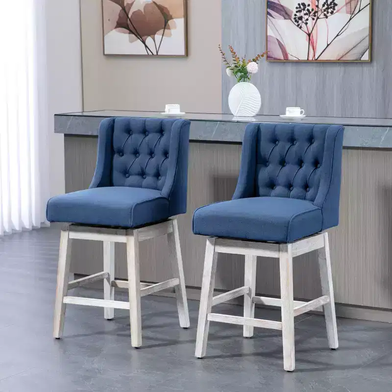 Swivel Bar Stools Set of 2, 27 Counter Height Stools with Linen Upholstery and Button Tufted Design for Kitchen