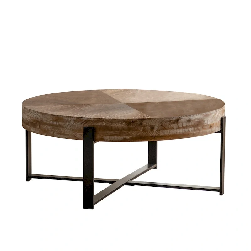 31.29Modern Retro Splicing Round Coffee Table , Fir Wood Table Top with Cross Legs Metal Base