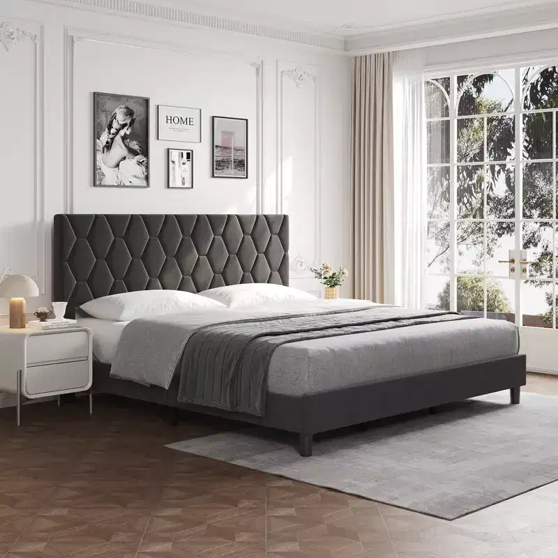Upholstered Bed Frame with Adjustable Headboard & Wood Slats, No Box Spring Needed, Noise-Free, Easy Assembly, Modern, Twin/King, Beige