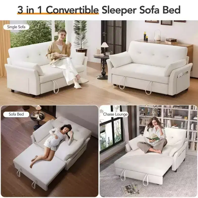 51 Inch 3-in-1 Pull-Out Sleeper Sofa Bed, Convertible Loveseat with Reclining Adjustable Backrest, Chenille Upholstered Couch, Side Pocket