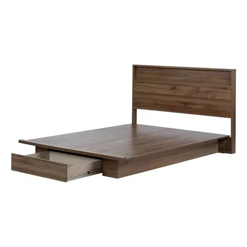 Full/Queen Platform Bed with Storage Drawer and Headboard Shelf - Natural Walnut