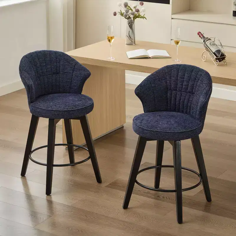 Zeus & Ruta Set of 2 Wingback 25 Swivel Bar Stools with Chenille Upholstery, Wood Legs and Adjustable Height