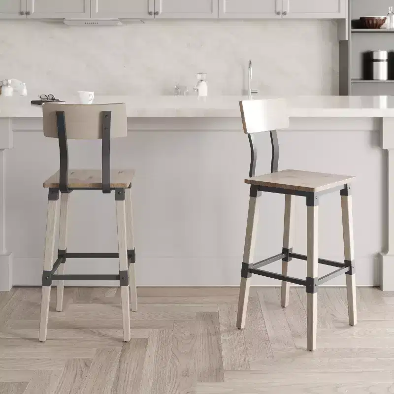 Emma and Oliver 2 Pack Commercial Grade Rustic Industrial Style Wood Dining Barstool
