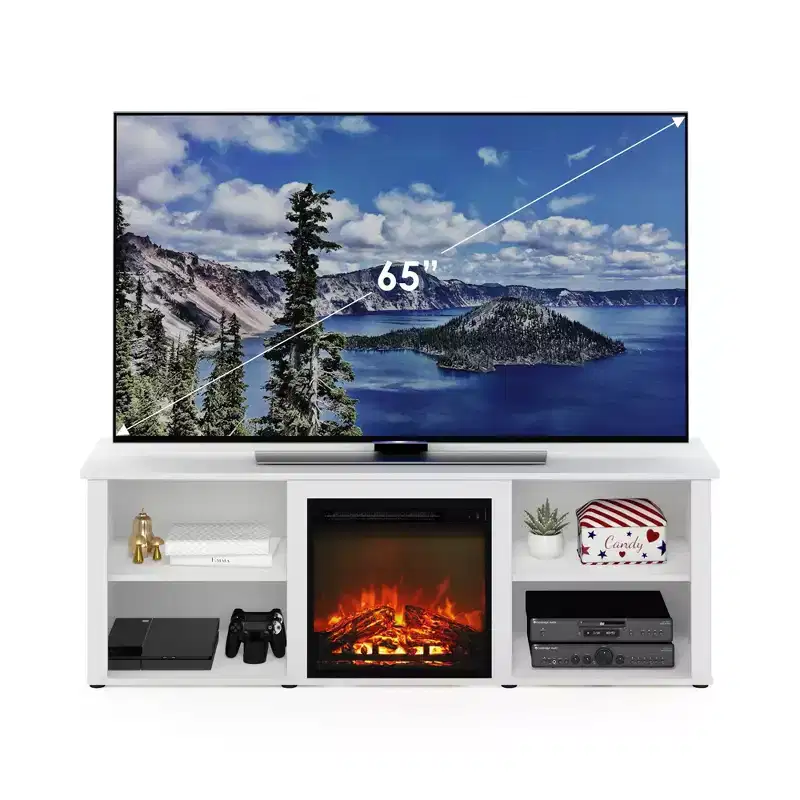 Furinno Classic Fireplace TV Stand Entertainment Console Media Center W/18 Electric Fireplace for TVs up to 70,Solid White