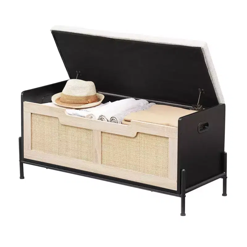 Rattan Storage Bench with Safety Hinge, Entryway Bench with Storage for Bedroom, Shoe Storage Bench Chest, End of Bed Bench with Side Handles