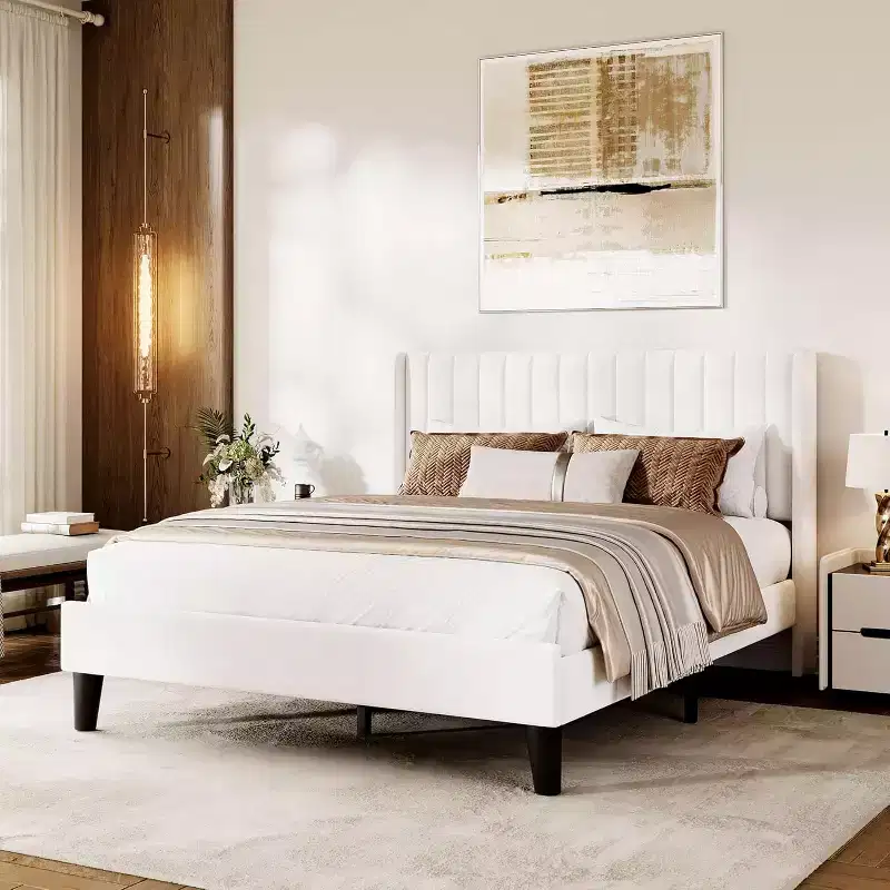 Acekool Upholstered Platform Bed Frame with Padded Velvet Headboard, Modern Wingback Bed Base with Wooden Slats, Under Bed Storage
