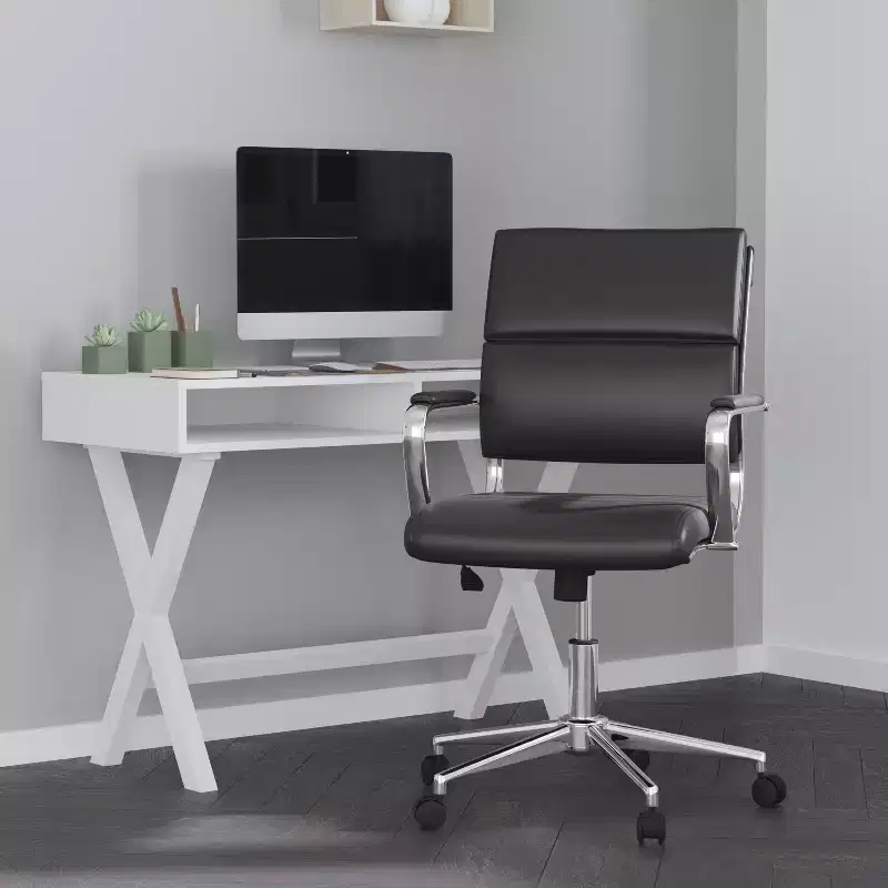 Ergonomic Swivel Office Chair, Panel Style Mid-Back with Padded Metal Arms & Base