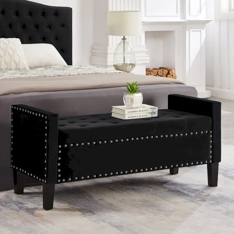 Upholstered Tufted Button Storage Bench with nails trim
