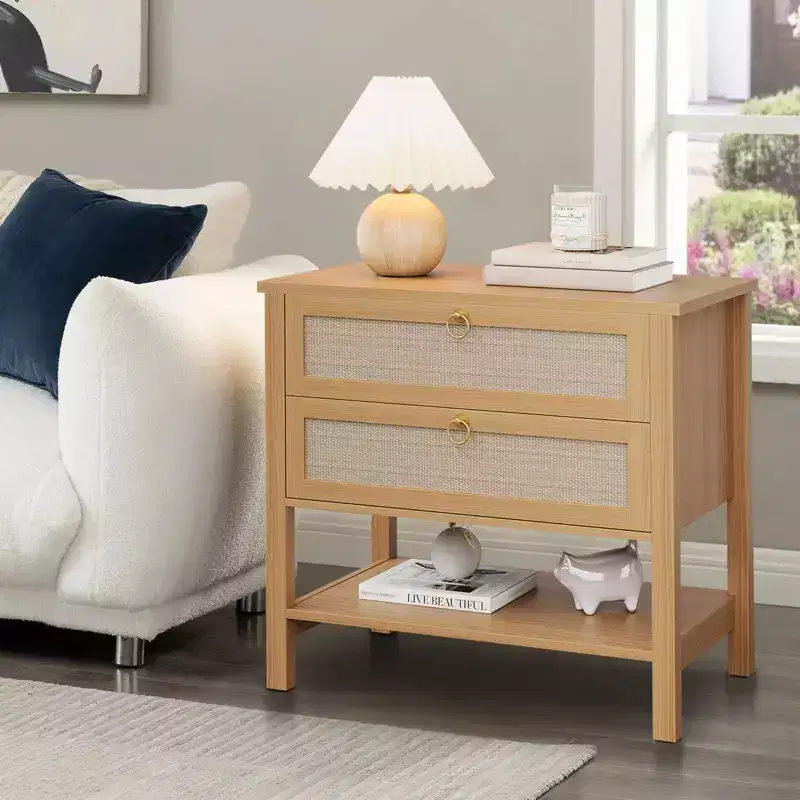 Rattan Nightstand Set of 2, Accent End Table with 2 Drawer & Open Shelf, Sofa Side Table for Small Spaces, Bedside Table for Living Room