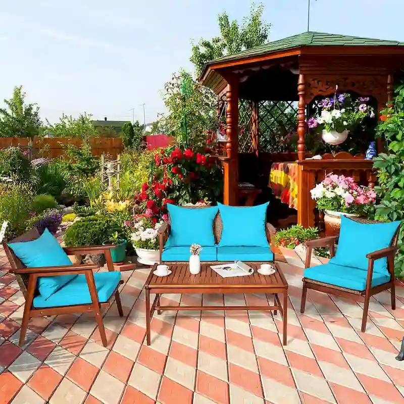 Costway 8PCS Patio Rattan Furniture Set Acacia Wood Frame Cushioned