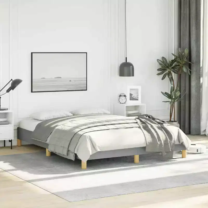 Bed Frame Light Gray Polyester, Plywood, Engineered Wood Full