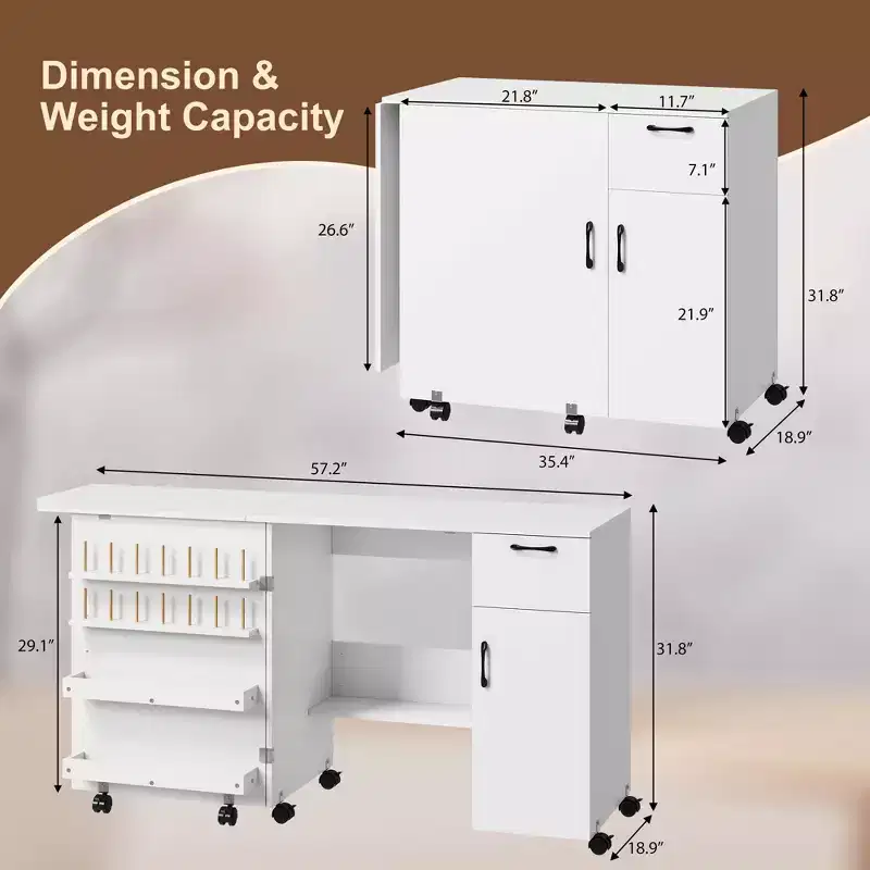 Sewing Table Craft Table - Folding with Drawer, Shelves Storage, Lockable Wheels, Portable Craft Station & Side Desk