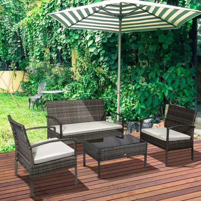 Patio Furniture Set, 4 Piece Indoor Outdoor PE Wicker Conversation Set with Chairs, Loveseat Sofa, Cushions, Glass Table for Backyard, Sunroom