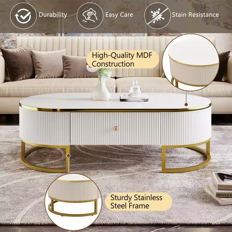 47W Modern Coffee Table Cocktail Table Center Table Accent Table with Drawers, Curved Profile Design, Gold Metal Leg, Oval, White+Gold-ModernLuxe