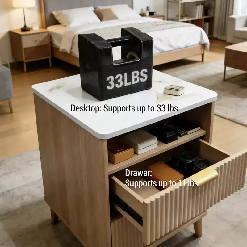 Modern Nightstand with Charging Station | 18 Small Bedside Table with Faux Marble Top & 2 Drawers | Oak Finish Bedroom, Living Room Night Stand
