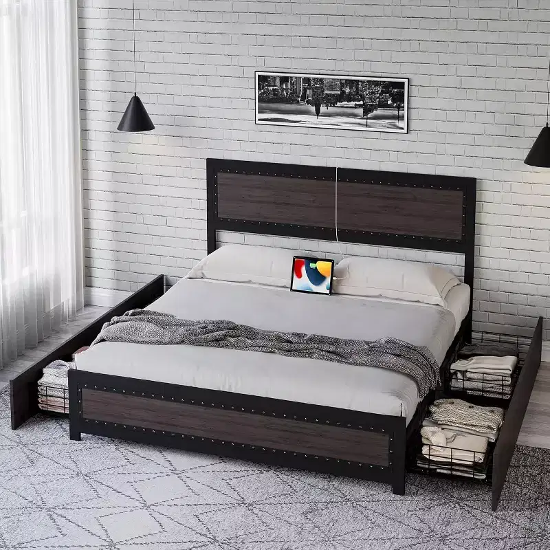 CuisinSmart Bed Frame with Four Storage Drawers, Platform Bed with Headboard & Riveted Decoration, Metal Slat Frame
