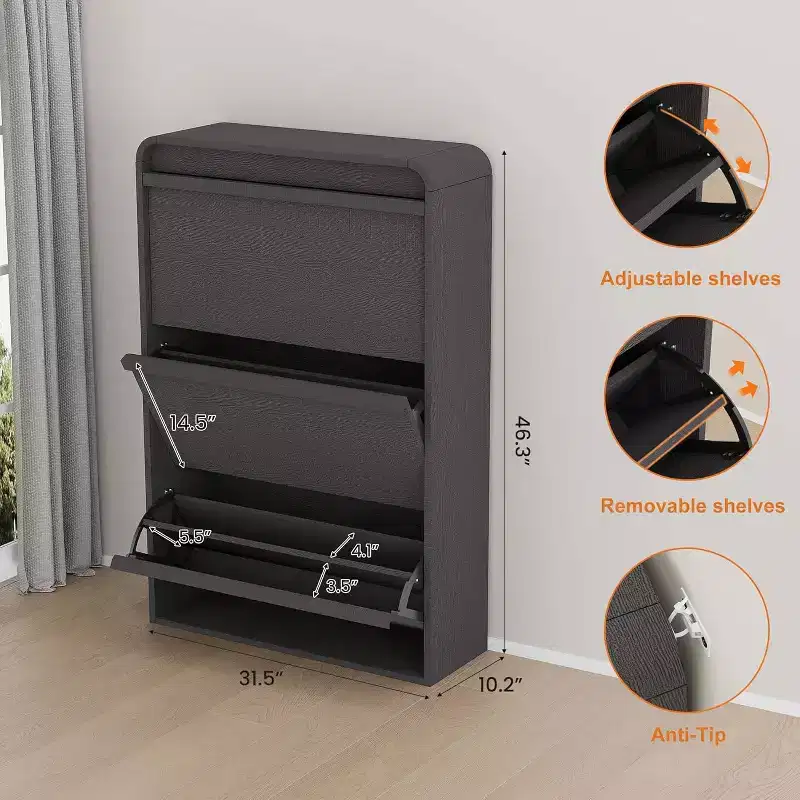 Flip-Door Shoe Cabinet with 3 Doors & Adjustable Shelf, Wooden Entryway Storage for Hallway and Living Room