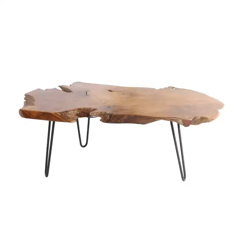 Olivia & May Teak Wood Handmade Live Edge Coffee Table with Black Metal Hairpin Legs Brown