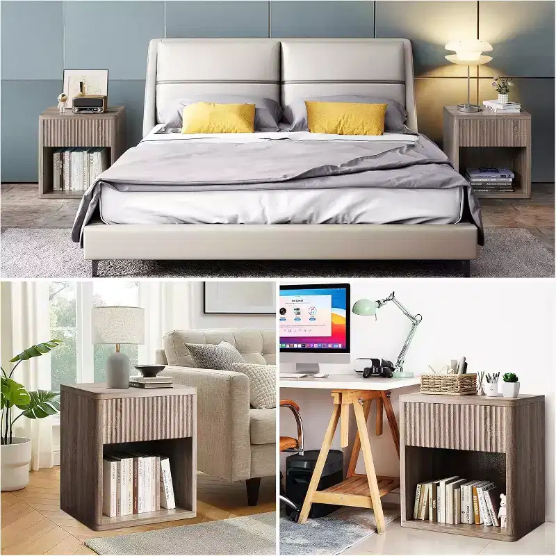 Acekool Set of 2 Modern Farmhouse Wooden Nightstands with Fluted Drawers, Large Storage Bedside End Tables for Bedroom and Living Room