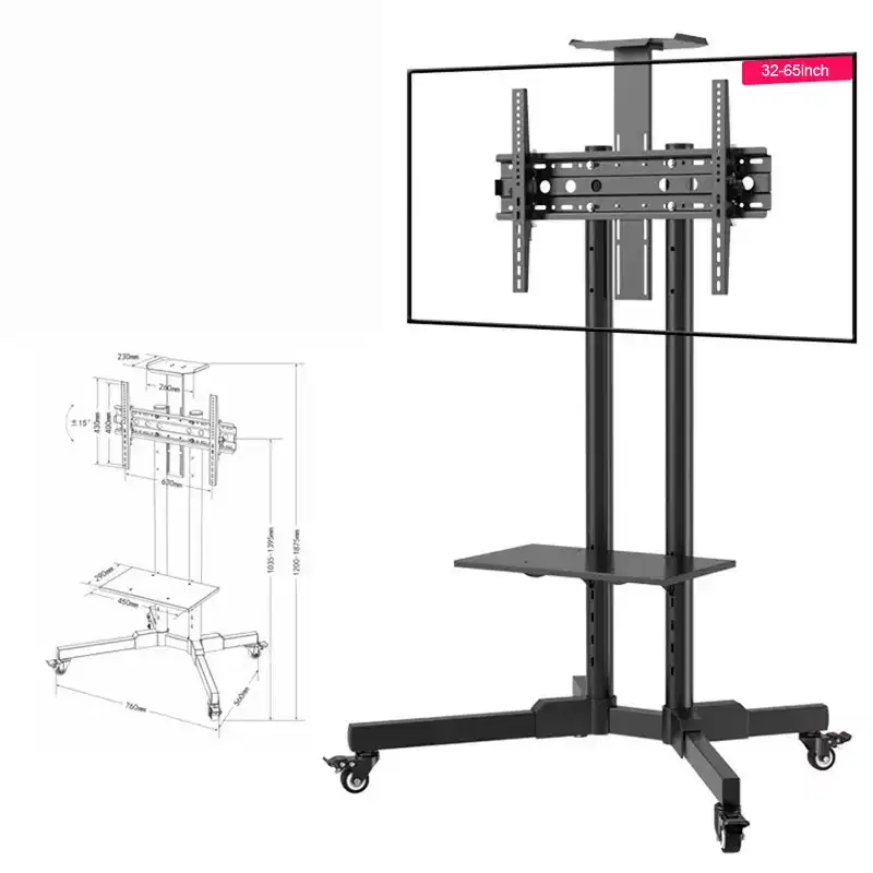 Mobile TV Stand For 32-65 Inch TVs, -15~+15 Tilt TV Cart Holds Up To 110Lbs, Rolling Mobile Floor Movable Monitor Holder W/Laptop Shelf For Home