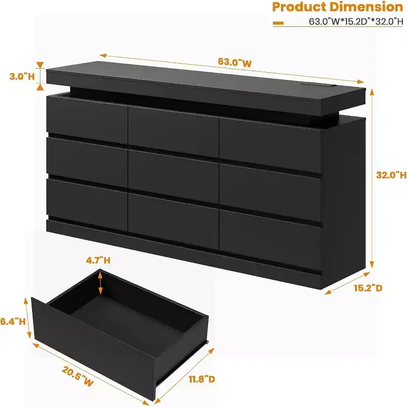 9 Drawer Dresser for Bedroom 63 Wide Chest of Drawers, Large TV Stand Multi-Function Home Organizer for Living Room, Entryway, Hallway